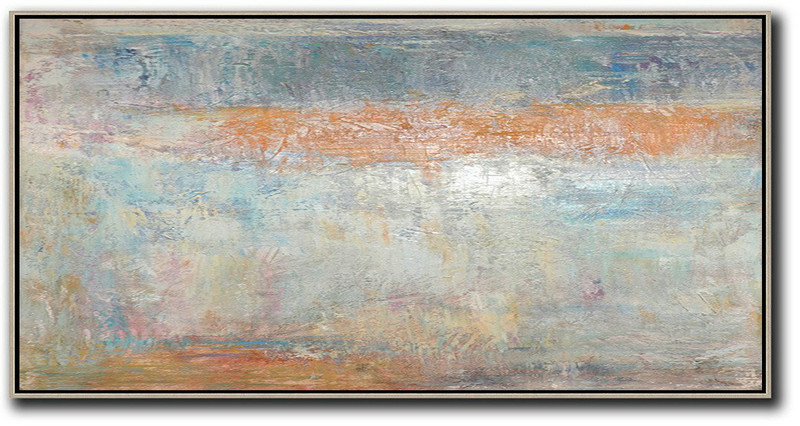 Large Abstract Painting On Canvas,Horizontal Palette Knife Contemporary Art,Abstract Painting Modern Art Orange,Blue,Grey,White